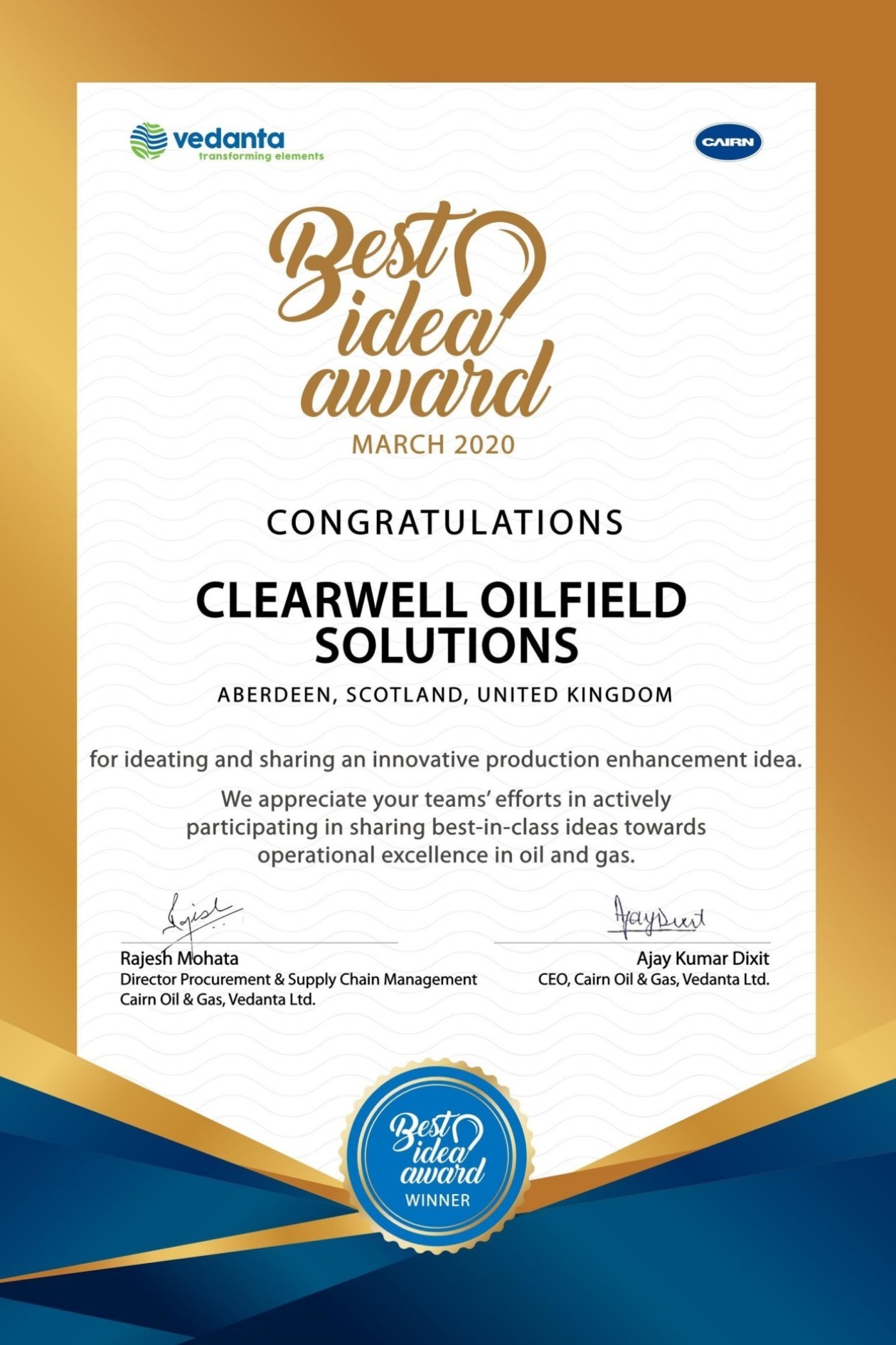 ClearWELL wins Cairn Oil and Gas 'Best Idea in Production Enhancement' Award